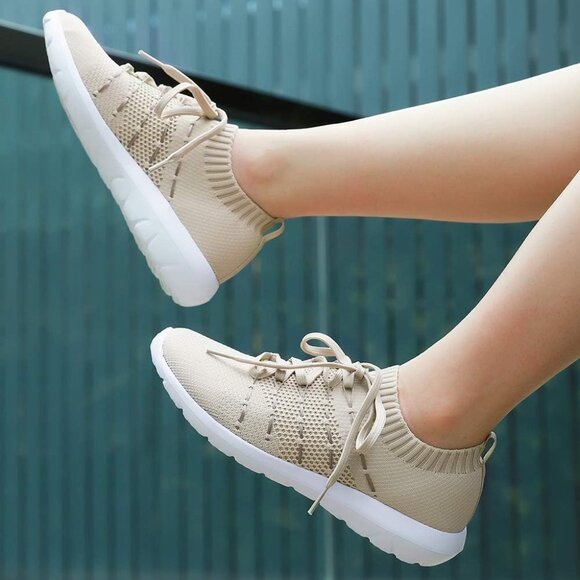 Women Beige Running Breathable Knitting flexible Mesh Sports Shoes Sneakers - Picture 5 of 6